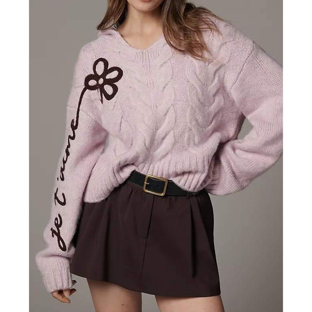 Anthropologie Maeve Embroidered Flower Je T'aime Cable Knit Hoodie Sweater M